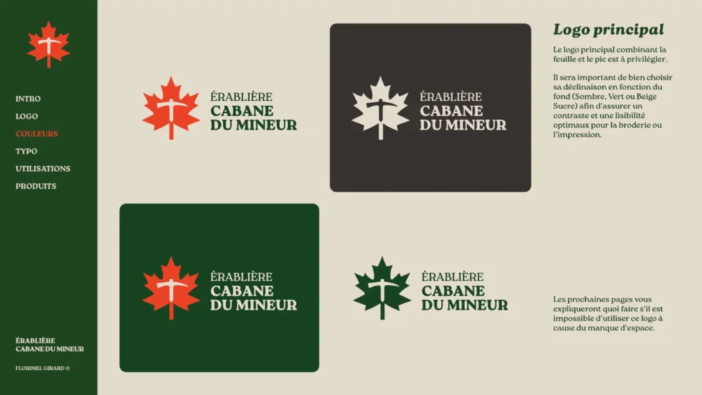 Les versions du logo principal et secondaire sur fond beige, vert et gris.