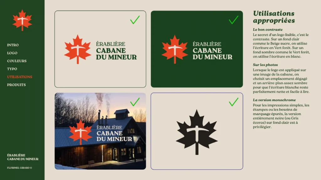 Bons usages du logo : sur fond clair, sur vert, sur photo et en version noire.