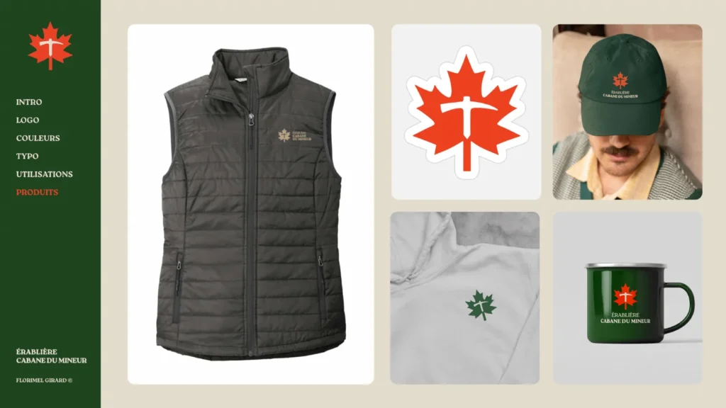 Déclinaisons : veste, autocollant, casquette et tasse verte avec le logo.
