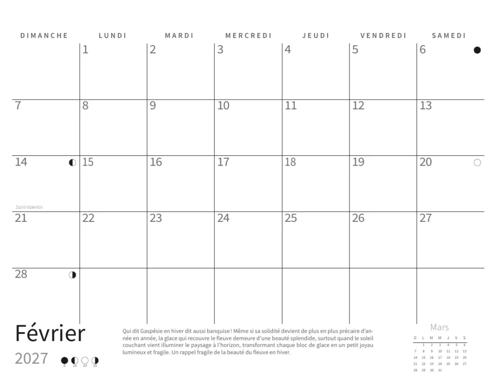 Page du mois de février : grande grille de dates, phases de lune et court texte.