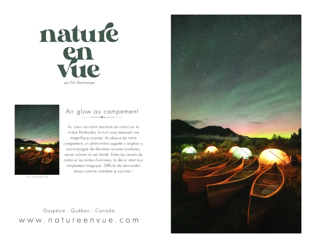Carte de souhaits « Air glow au campement » : aurore boréale au-dessus de canots et de tentes lumineuses.