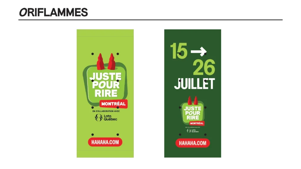 Deux oriflammes du festival, l’une avec le logo, l’autre avec les dates du 15 au 26 juillet 2026.