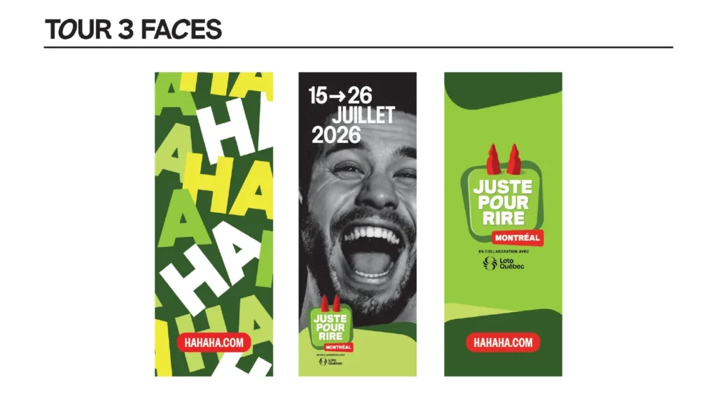 Tour à trois faces : lettres « HA » empilées, portrait d’un homme qui rit aux éclats et logo.