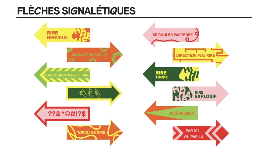Flèches signalétiques colorées avec des messages humoristiques pour orienter les festivaliers.