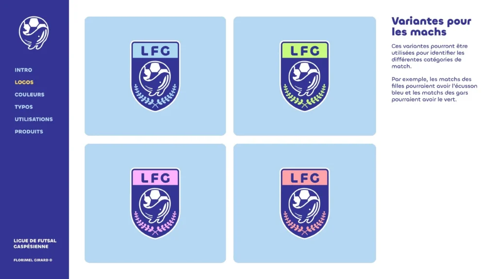 Quatre variantes de couleur de l’écusson pour identifier les catégories : bleu, vert, rose et corail.