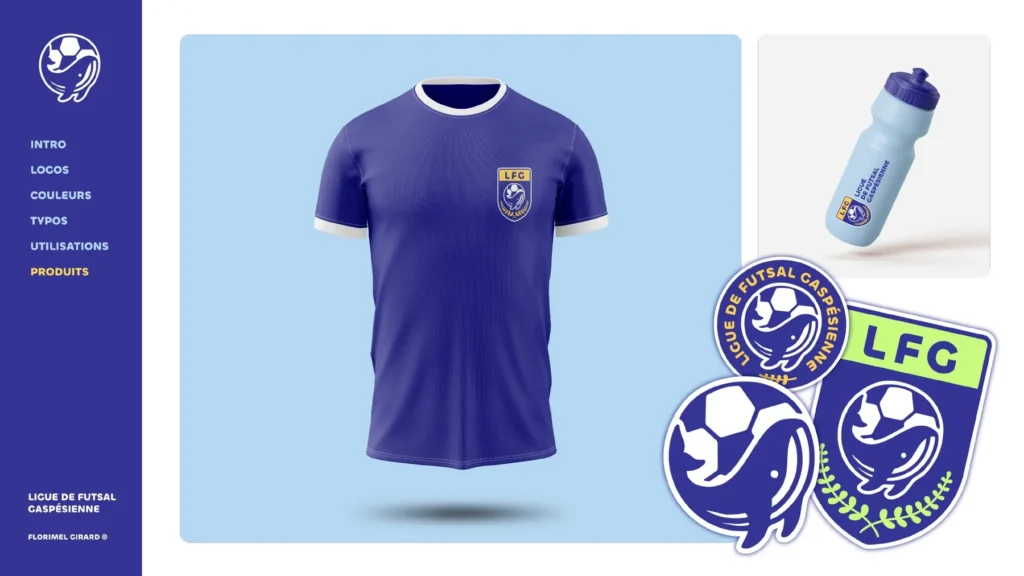 Chandail de match bleu avec l’écusson de la ligue, bouteille d’eau et autocollants.