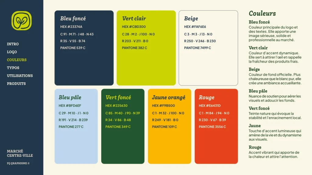 Palette du Marché Centre-Ville : bleu foncé, vert clair, beige, bleu pâle, vert foncé, jaune orangé et rouge.