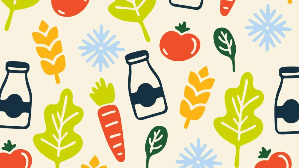 Motif d’illustrations : bouteilles de lait, carottes, blé, feuilles, tomates et flocons sur fond crème.