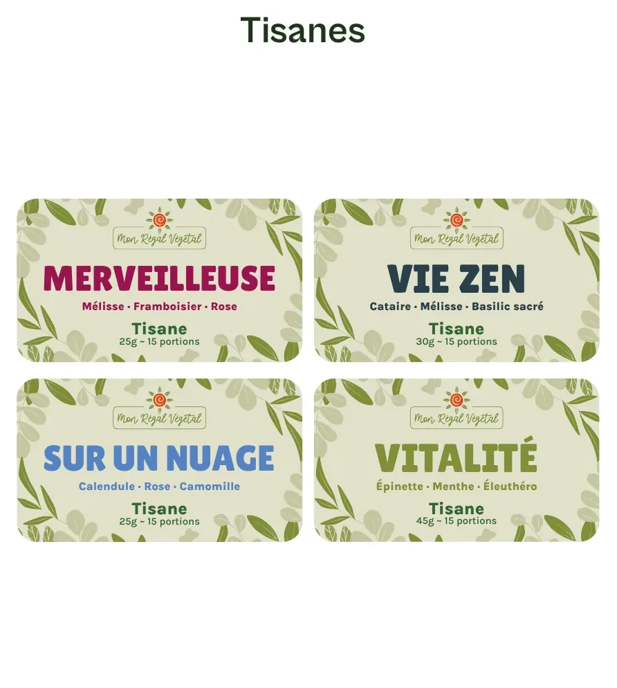 Quatre étiquettes de tisanes : Merveilleuse, Vie zen, Sur un nuage et Vitalité.