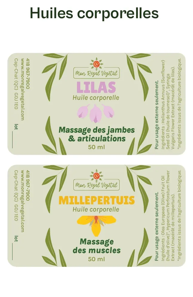 Étiquettes d’huiles corporelles Lilas et Millepertuis.
