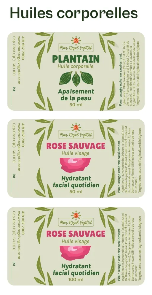 Étiquettes d’huiles Plantain et Rose sauvage.
