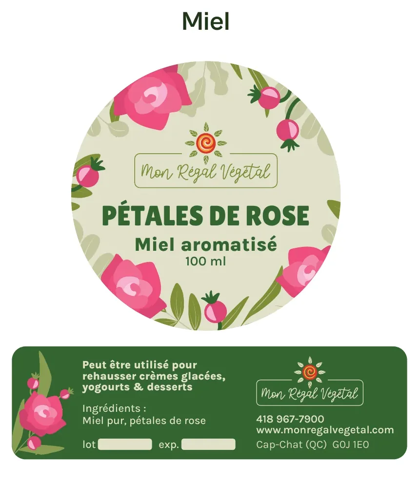 Étiquette ronde du miel aromatisé aux pétales de rose et son verso vert.