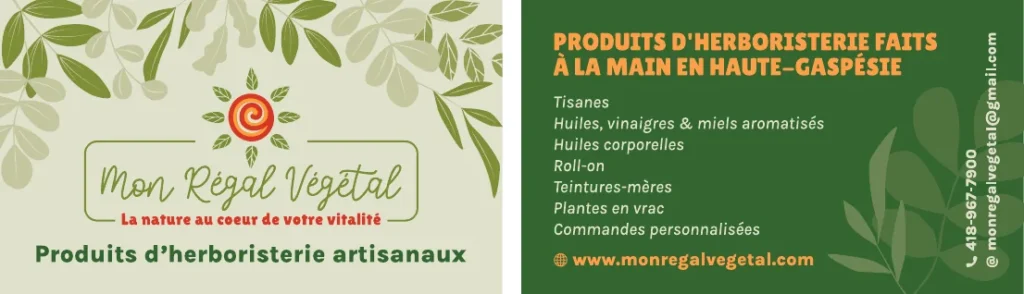 Carte d’affaires recto-verso : logo à gauche, liste des produits d’herboristerie à droite.