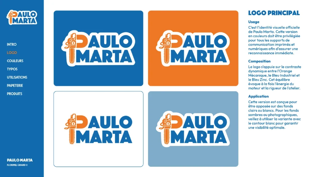 Quatre versions du logo principal sur fond bleu, orange, blanc et bleu acier.
