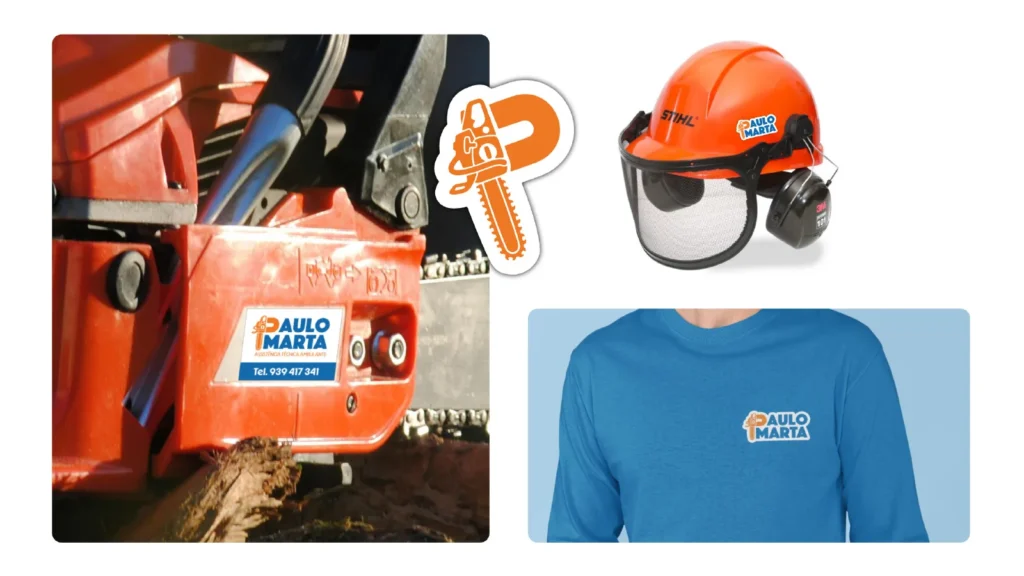 Déclinaisons : tronçonneuse avec le symbole, casque orange et t-shirts imprimés.