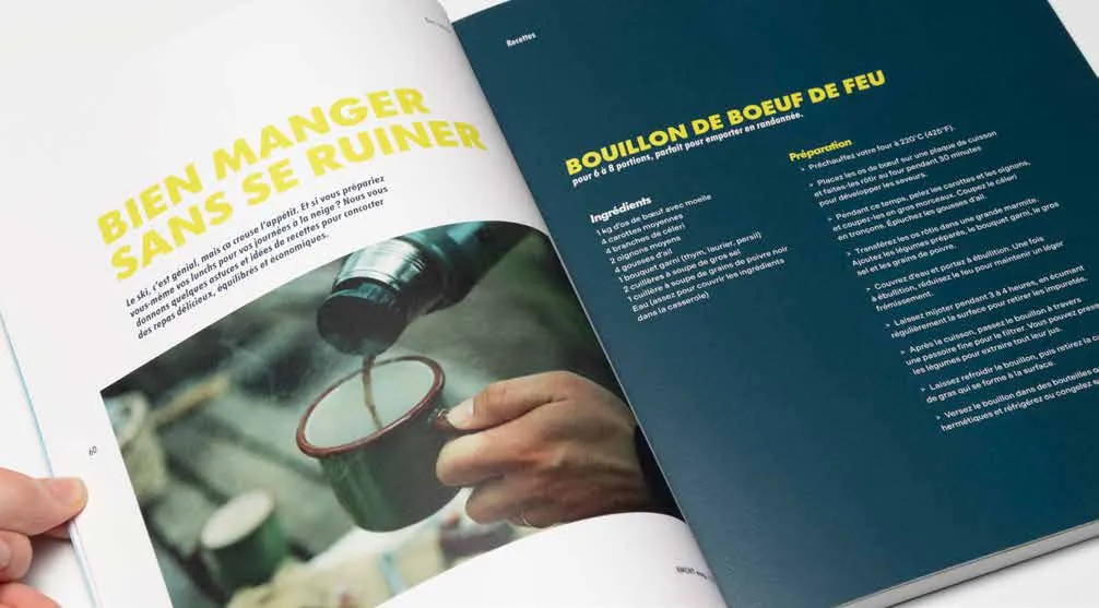 Double page d’AMONT, « Bien manger sans se ruiner », avec une recette de bouillon sur fond bleu.