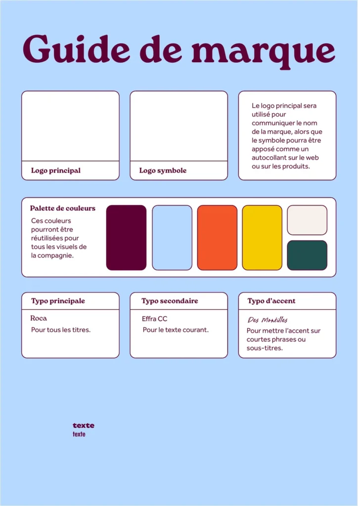 Guide de marque Butine : logo principal manuscrit, logo symbole en rosace, palette bordeaux, bleu, orange, jaune, crème et vert, illustrations de bougies et de tasses, typographies.