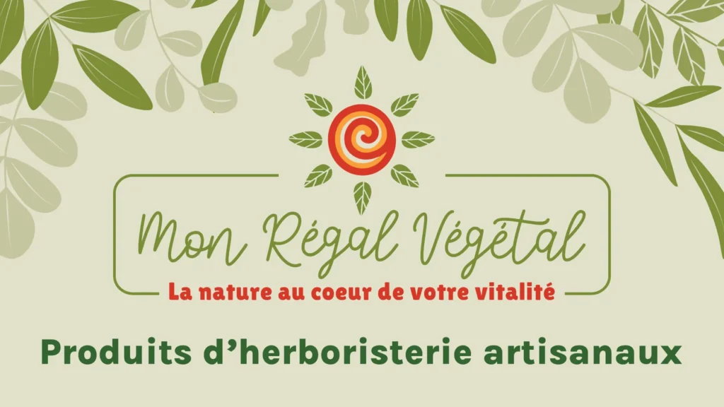 Bannière de Mon Régal Végétal : logo avec un soleil en spirale, entouré de feuillages, sur fond beige.