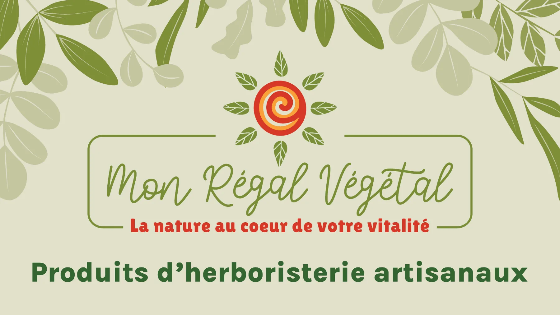 Bannière de Mon Régal Végétal : logo avec un soleil en spirale, entouré de feuillages, sur fond beige.